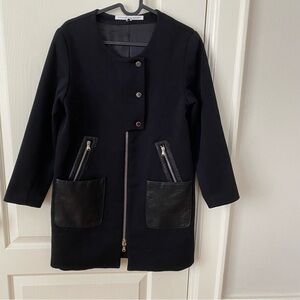 Veronica Beard Black Wool Leather Zip Up Long Dickey Jacket Coat Size 4